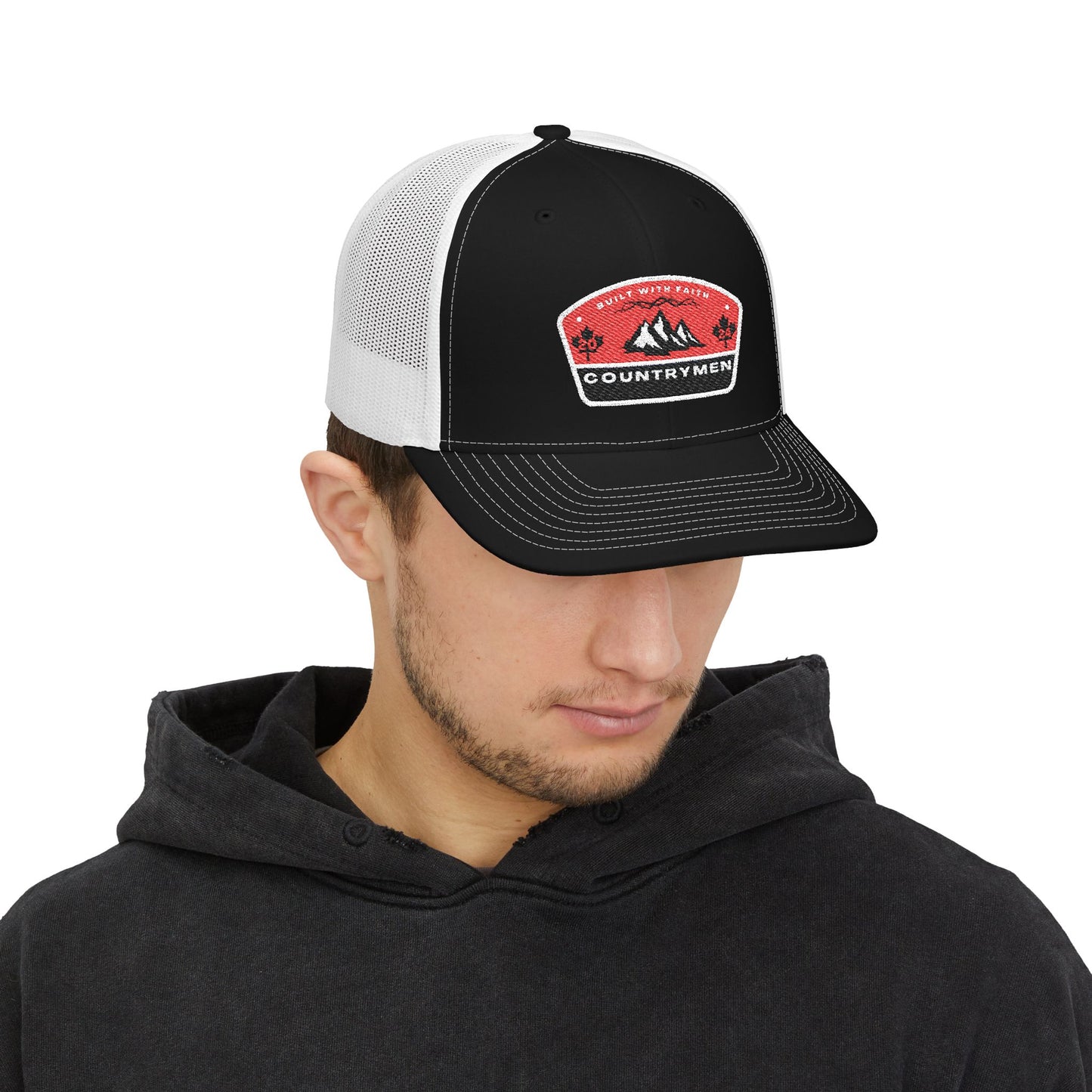 Countrymen Patch Trucker Cap — Retro Mountain Snapback Hat embrodiery